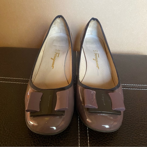 Salvatore Ferragamo Purple Mauve Bow Block Heels - Picture 1 of 9